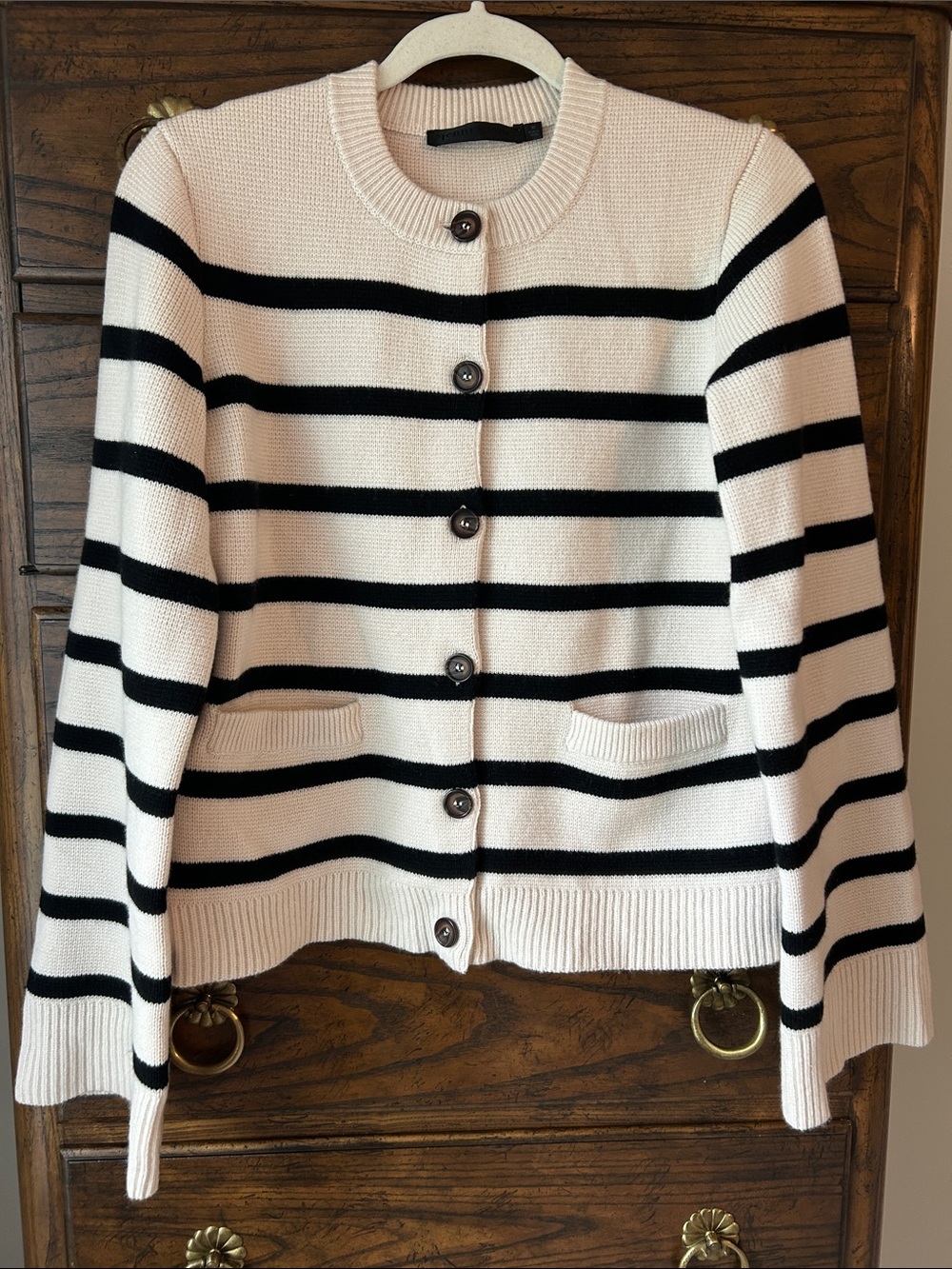 Jenni Kayne Wool Cashmere Striped Cooper Cardigan Warm Ivory/Black, Size M